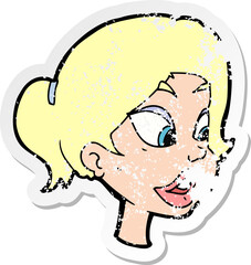 retro distressed sticker of a cartoon friendly woman