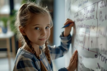A little girl engrossed in writing on a whiteboard, solving an arithmetic equation with a marker. - obrazy, fototapety, plakaty