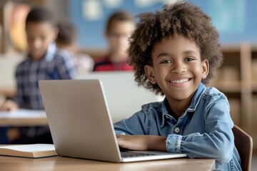 Talented African American child deeply focused while using a laptop at a table.