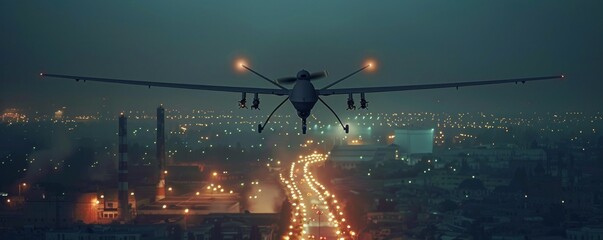 Nocturnal aerial imagery depicts drone surveillance over vital infrastructure, evoking themes of industrial espionage