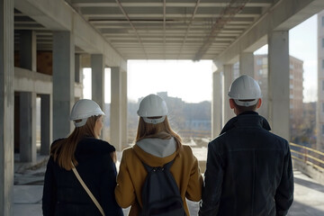 Fototapeta premium A group of specialists wearing hard hats walking down a city street, possibly exploring a construction site.