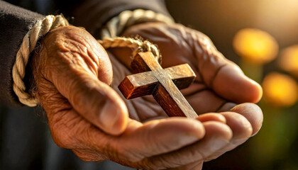 Extreme closeup of a wrinkled hand of an old man holding a small wooden religious cross with ropes, religious symbol of Christianity or prayer. Generative Ai.