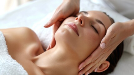 Fototapeta na wymiar Closeup of the massage therapist's hands. Facial massage in a spa salon