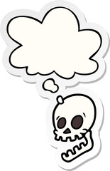 laughing skull cartoon and thought bubble as a printed sticker