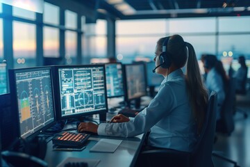 Woman with headset at computer in air traffic control setting. - obrazy, fototapety, plakaty