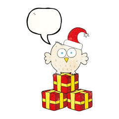 speech bubble textured cartoon little owl wearing christmas hat