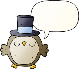 cartoon owl wearing top hat and speech bubble in smooth gradient style