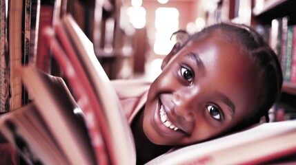 little afro girl with a smile reads many books in the library, for World Book Day event