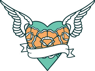 tattoo style icon of a heart with wings flowers and banner