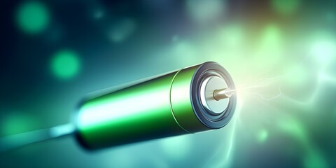 Efficient green battery with charging cable for electric cars and devices. Concept Green Technology, Rechargeable Batteries, Electric Vehicles, Energy Efficiency, Sustainable Charging - obrazy, fototapety, plakaty