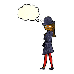 cartoon female spy with thought bubble