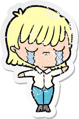 distressed sticker of a cartoon woman crying