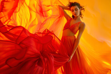 Woman on gradient background shifting from fiery red to golden yellow.