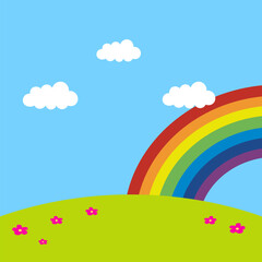 Green hills in a meadow with a rainbow. Digital art illustration