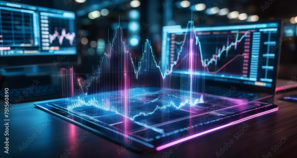 Poster advanced technology in action - a futuristic workspace with holographic displays