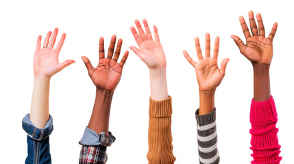 A group of people with different skin tones are raised up in the air Isolated on transparent background, PNG