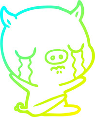 cold gradient line drawing cartoon sitting pig crying