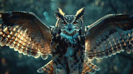 Bathed in moonlight, a majestic owl spreads its elegant wings.  - obrazy, fototapety, plakaty
