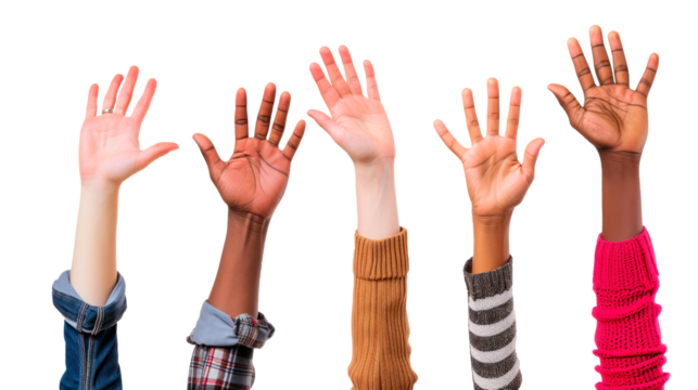 A group of people with different skin tones are raised up in the air Isolated on transparent background, PNG