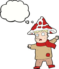 cartoon magical mushroom man with thought bubble