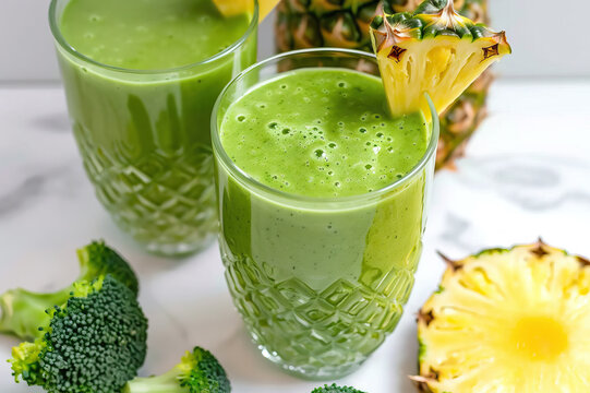 vertical image of Nutritious Green Smoothie with Pineapple and Broccoli