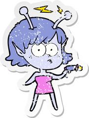 distressed sticker of a cartoon alien girl