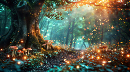 A whimsical fairy tale forest with twisted tree roots, magical mushrooms, and fireflies dancing in the air