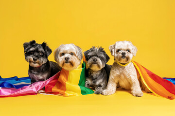 Happy Small Dogs Wrapped in Rainbow LGBT Pride Flag with a Cheerful Expression on Yellow Background