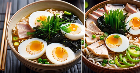 The image showcases a vibrant bowl of ramen, surrounded by various ingredients and toppings. The ramen is garnished with sliced meat, boiled eggs, vegetables, and seaweed.