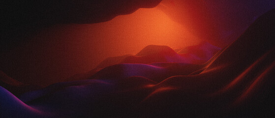 Naklejka premium Alien Planet - 3D Rendered Landscape. Cave with orange and blue light in the fog. Alien sci-fi landscape in retro 80s style. Beautiful gradient background with grain effect. Mystery cyberpunk Cave.