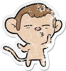 distressed sticker of a cartoon suspicious monkey