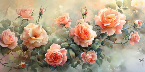 Obraz premium Vibrant pink roses blooming in a lush green garden painting, with delicate flowers and leaves