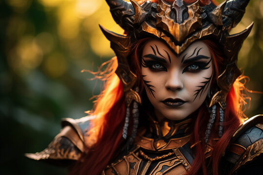 Generative ai digital creative image collage of lady amazon warrior wear traditional costume for halloween event