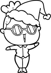 line drawing of a woman wearing spectacles wearing santa hat