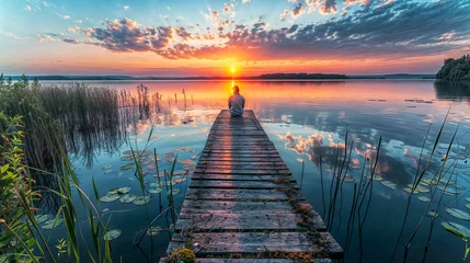 Foto op Canvas A person sitting on a pond on a tranquil lake in the summer and watching the sunset © Flowal93