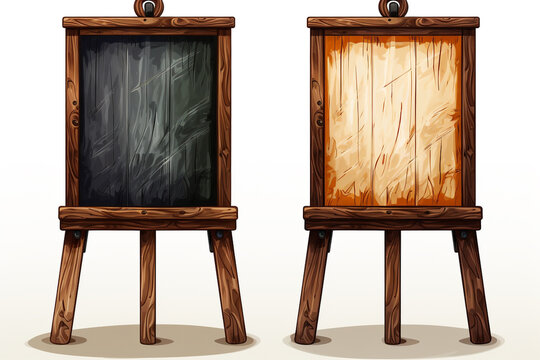 Realistic black chalkboard on wooden easel. Blank blackboard in wooden frame on a tripod. Presentation board, writing surface for text, drawing. Online studying, learning mockup. Generative Ai