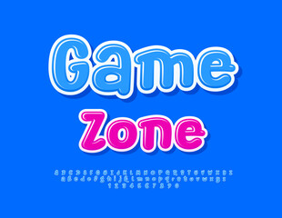 Vector playful logo Game Zone. Funny Glossy Font. Handwritten Blue Alphabet Letters and Numbers set