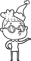 line drawing of a woman wearing glasses wearing santa hat