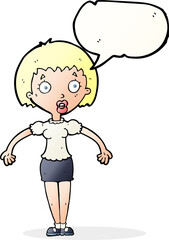 cartoon confused woman shrugging shoulders with speech bubble