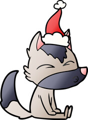 gradient cartoon of a wolf whistling wearing santa hat