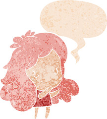 cartoon girl and speech bubble in retro textured style