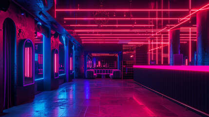Glowing neon lights illuminate the sleek modern decorations of an unmanned nightclub creating an inviting yet mysterious ambiance - obrazy, fototapety, plakaty