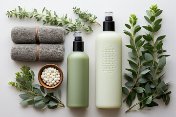 Eco cosmetic products for skin care of face and body. White tubes with natural creams, soap, and bottle with essence oil, and other cosmetic products with minerals, vitamins, prebiotics  Generative Ai