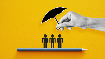 Insurance and social protection concept. Collage with group of people and an umbrella above. Human...