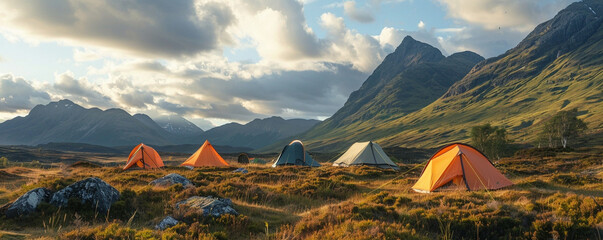 A cluster of tents pitched in the highlands under the vast expanse of a dramatic mountain skyline a testament to the camping lifestyle - obrazy, fototapety, plakaty