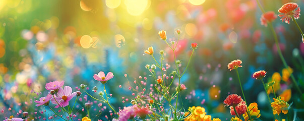 A close up portrait of wildflowers glowing in the sunshine their vivid colors creating a cheerful and colorful natural background - obrazy, fototapety, plakaty
