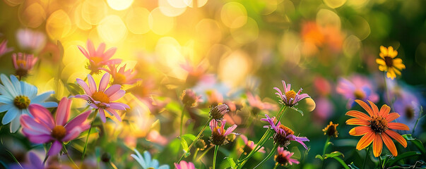 A close up portrait of wildflowers glowing in the sunshine their vivid colors creating a cheerful and colorful natural background