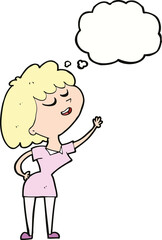 cartoon happy woman about to speak with thought bubble
