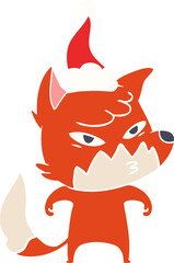 clever flat color illustration of a fox wearing santa hat