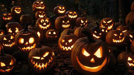 A haunting array of illuminated pumpkins each bearing a unique evil grin amidst the shadowy backdrop of a Halloween night
